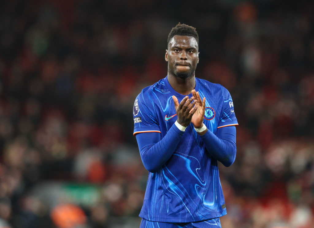Benoit Badiashile claps after Chelsea against Liverpool in the Premier League.