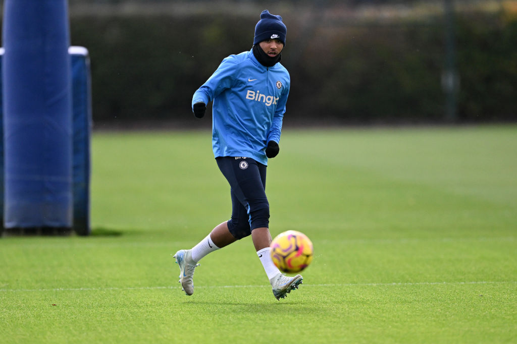Jadon Sancho of Chelsea during a training session at Chelsea Training Ground on October 25, 2024 in Cobham, England.