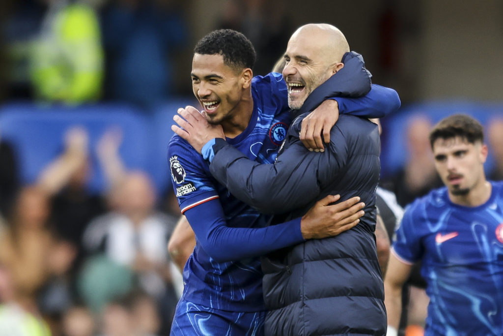 Head Coach Enzo Maresca with Levi Colwill of Chelsea after their sides 2-1 win during the Premier League match between Chelsea FC and Newcastle Uni...