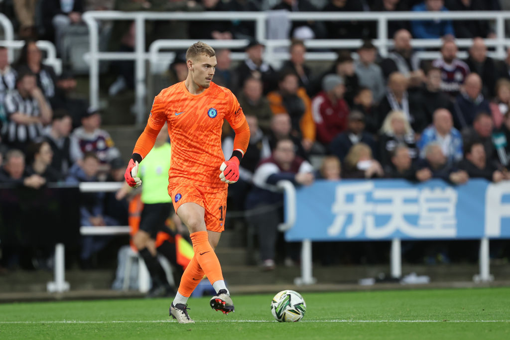 Chelsea's Filip Jorgensen is in action during the Carabao Cup Round of 16 match between Newcastle United and Chelsea at St. James's Park in Newcast...