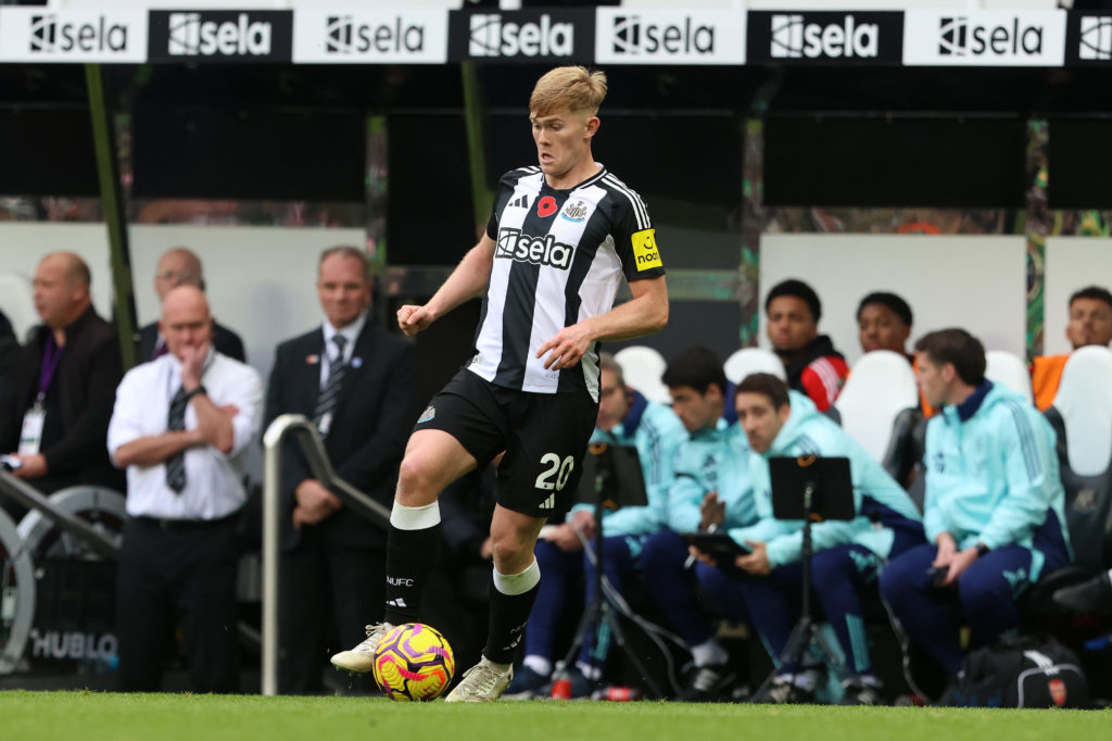 Lewis Hall of Newcastle United plays during the Premier League match between Newcastle United and Arsenal at St. James's Park in Newcastle, United ...