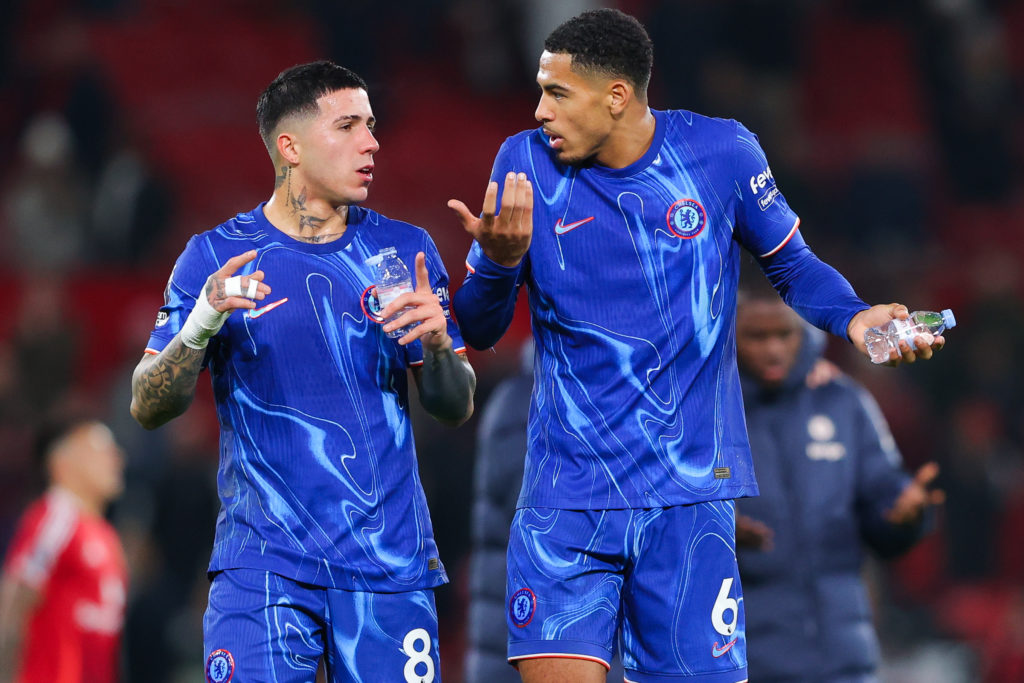 Levi Colwill of Chelsea argues with Enzo Fernandez of Chelsea after the Premier League match between Manchester United FC and Chelsea FC at Old Tra...