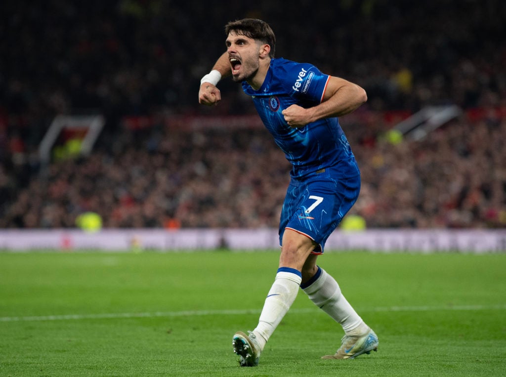 Pedro Neto celebrates as Moises Caicedo scores for Chelsea during the Premier League match between Manchester United FC and Chelsea FC at Old Traff...