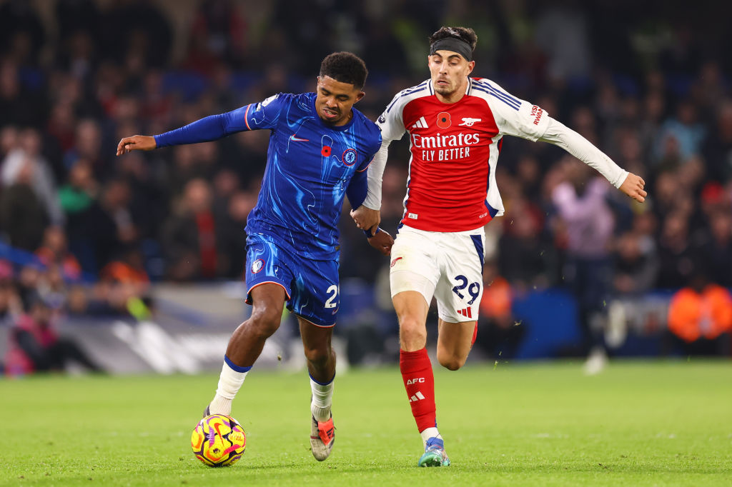 Wesley Fofana of Chelsea and Kai Havertz of Arsenal during the Premier League match between Chelsea FC and Arsenal FC at Stamford Bridge on Novembe...