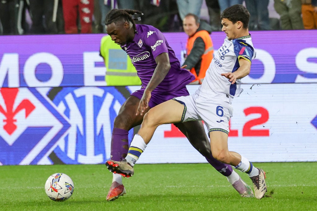 Moise Kean of ACF Fiorentina and Reda Belahyane of Hellas Verona FC ,battle for the ball during the Italian Serie A football match between ACF Fior...
