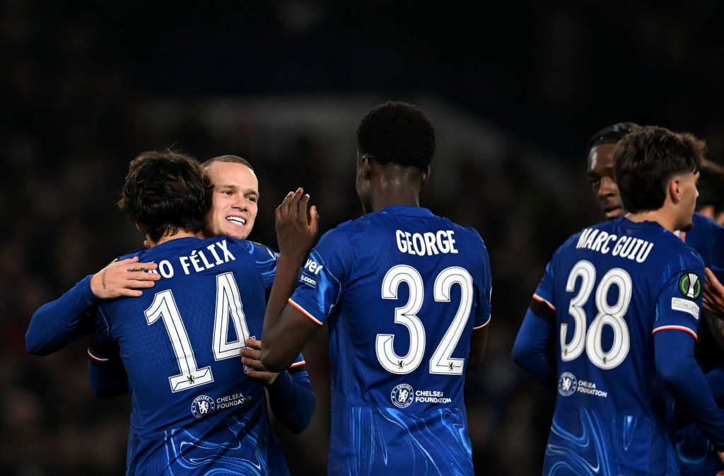 Mykhaylo Mudryk of Chelsea celebrates scoring his team's fifth goal with teammates during the UEFA Conference League 2024/25 League Phase MD3 match...