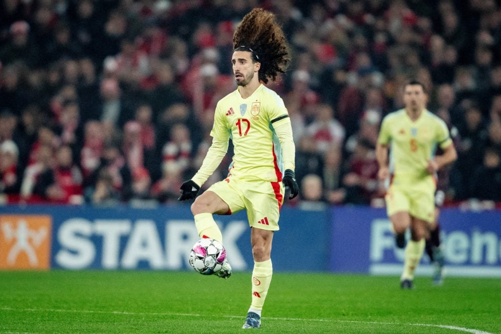 Spain's Marc Cucurella controls the ball during the UEFA Nations League football match between Denmark and Spain at Parken in Copenhagen on Novembe...