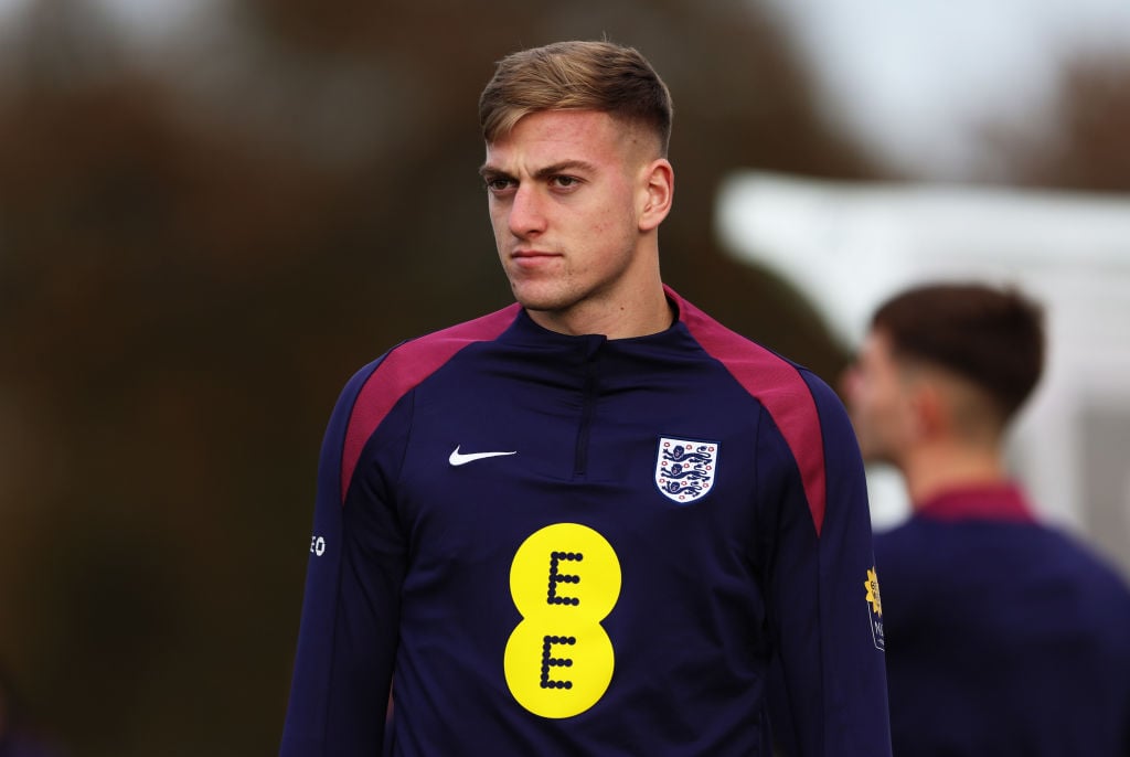 Liam Delap of England in action during a training session at St Georges Park on November 12, 2024 in Burton-upon-Trent, England.