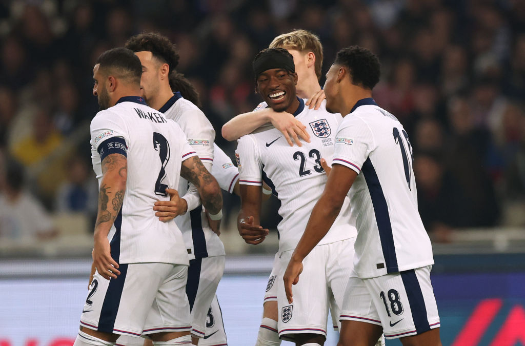 Noni Madueke of England is congratulated after teammate Ollie Watkins scores his team's first goal during the UEFA Nations League 2024/25 League B ...