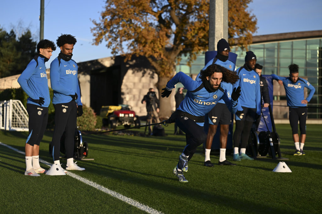 Joao Felix, Renato Veiga and Marc Cucurella of Chelsea during a training session at Chelsea Training Ground on November 21, 2024 in Cobham, England.