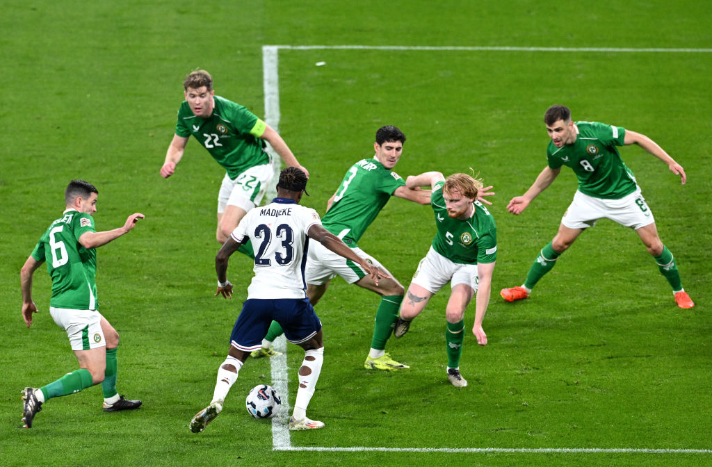 Noni Madueke of England runs at the Republic of Ireland defence during the UEFA Nations League 2024/25 League B Group B2 match between England and ...