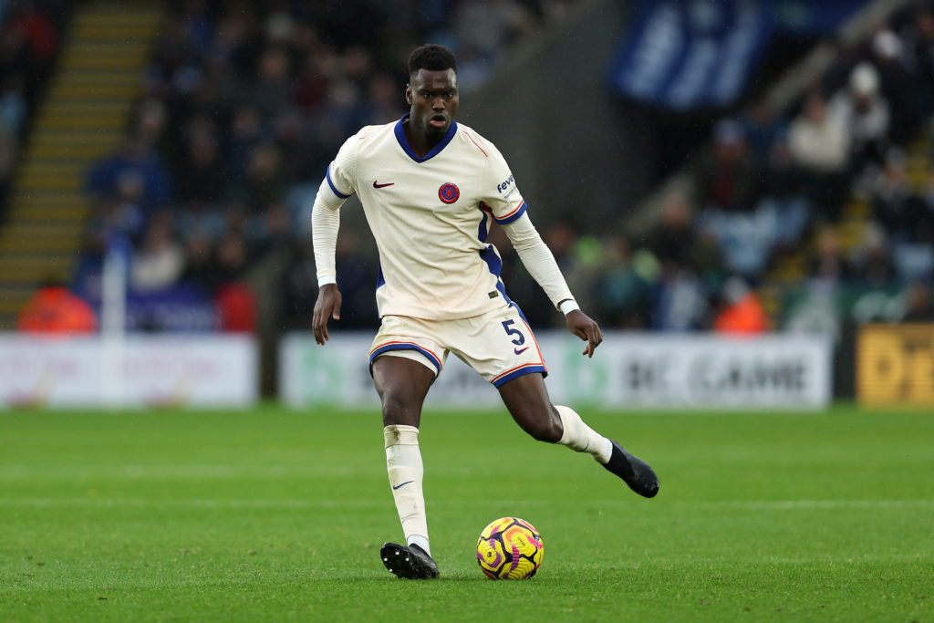 Benoit Badiashile of Chelsea controls the ball during the Premier League match between Leicester City FC and Chelsea FC at The King Power Stadium o...