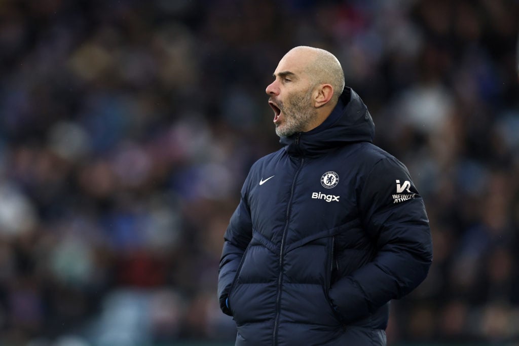 Enzo Maresca the Chelsea manager during a Premier League match against Leicester City.