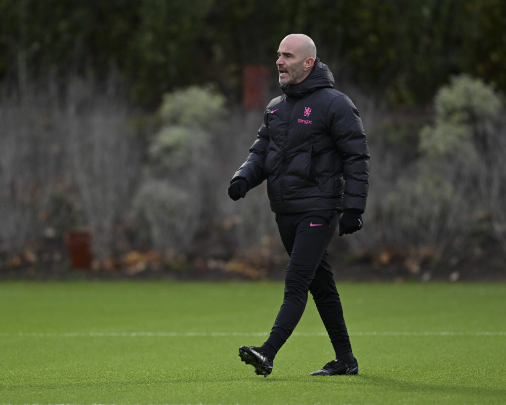Head Coach Enzo Maresca of Chelsea during a training session at Chelsea Training Ground on November 27, 2024 in Cobham, England.