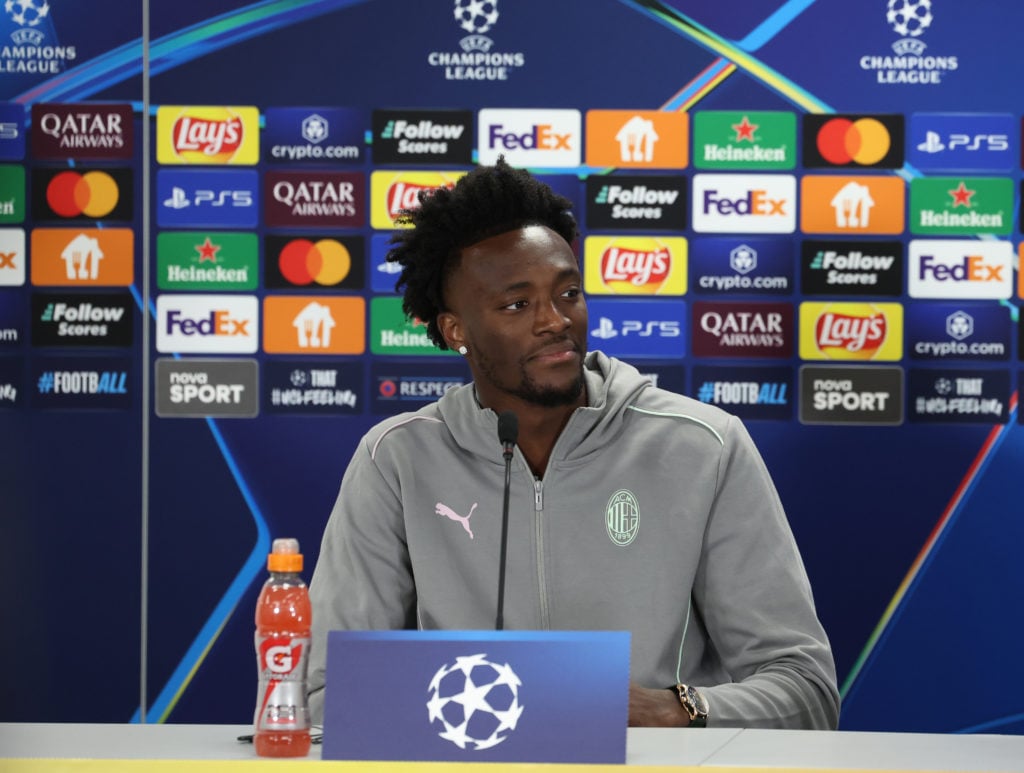 Tammy Abraham of AC Milan speaks with the media during press conference before the UEFA Champions League 2024/25 League Phase MD5 training and pres...