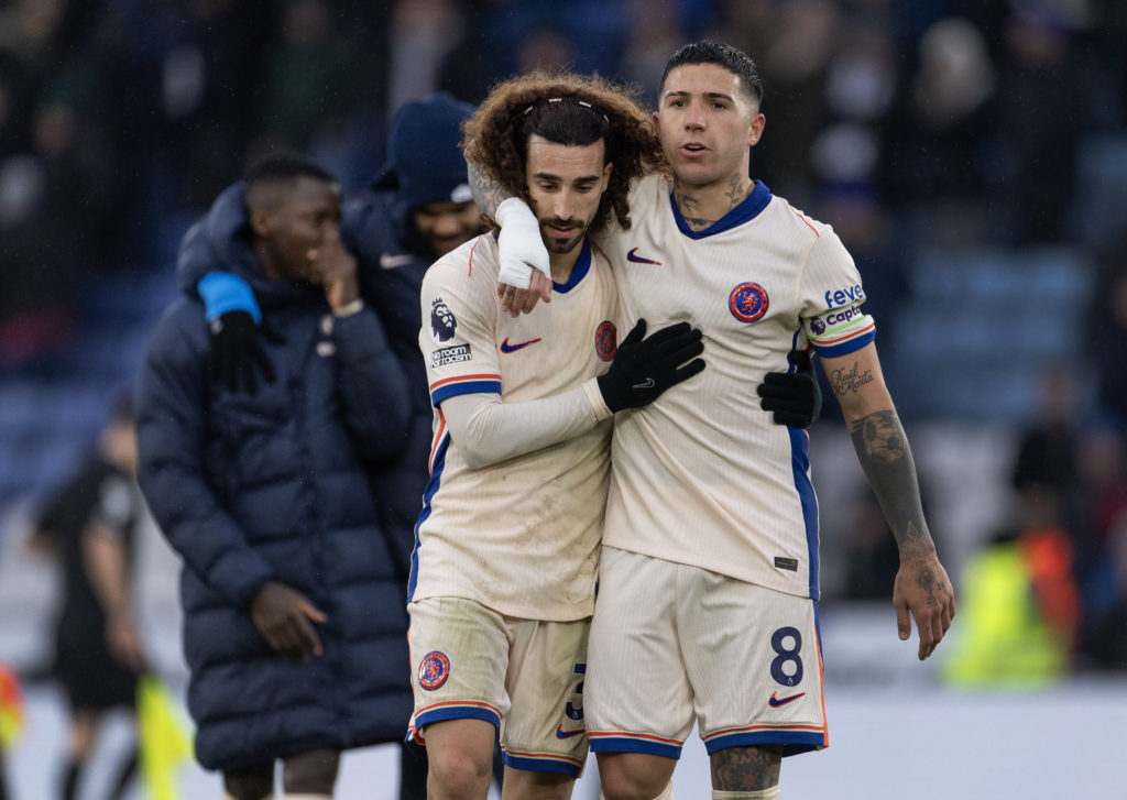 Marc Cucurella and Enzo Fernandez of Chelsea embrace after the Premier League match between Leicester City FC and Chelsea FC at The King Power Stad...
