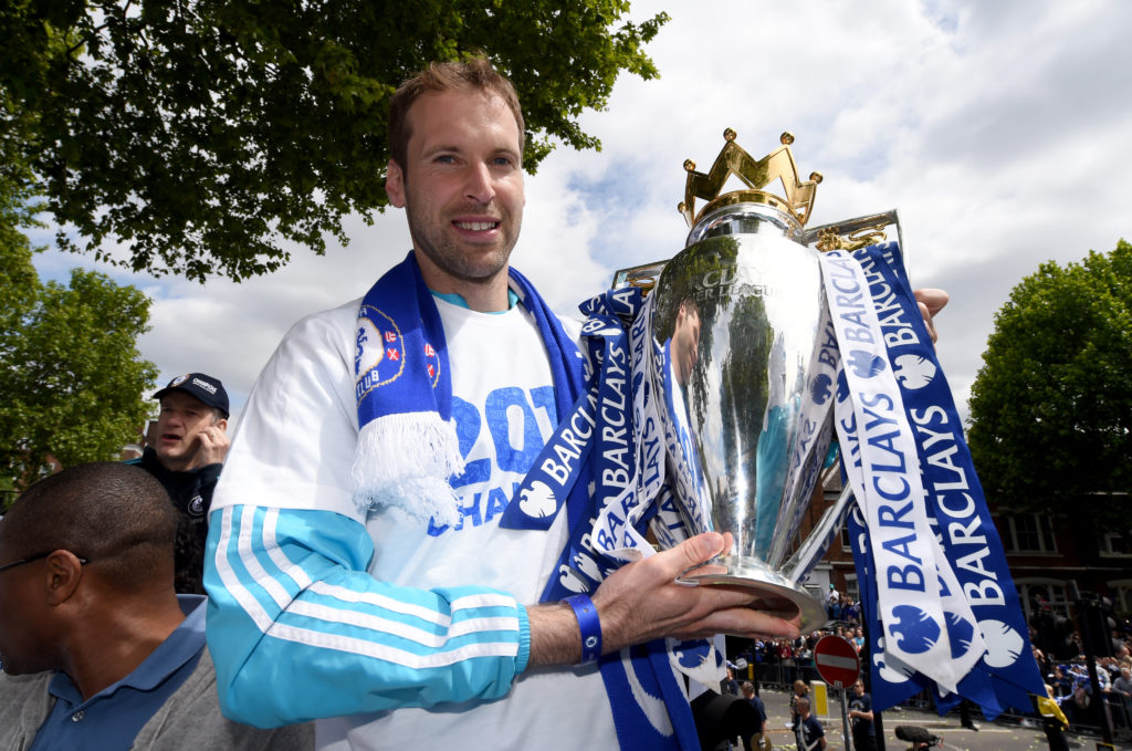 Chelsea goalkeeper Petr Cech with the Premier League Trophy during the victory parade.