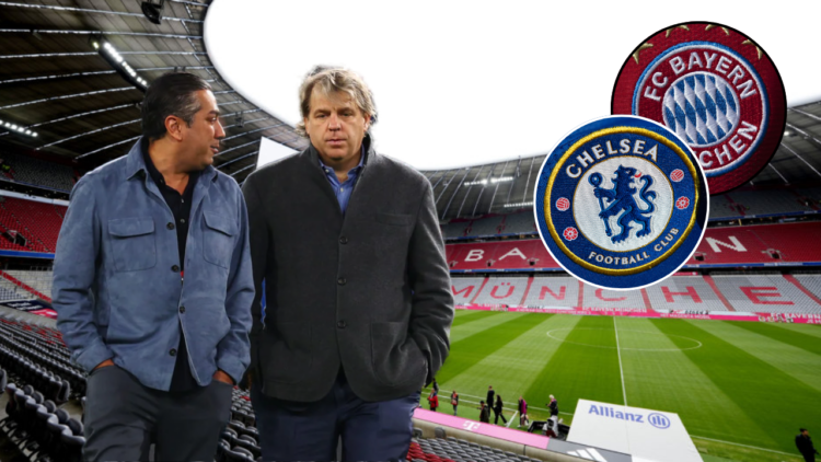 Chelsea co-owners Todd Boehly and Behdad Eghbali, Bayern Munich badge, Chelsea badge