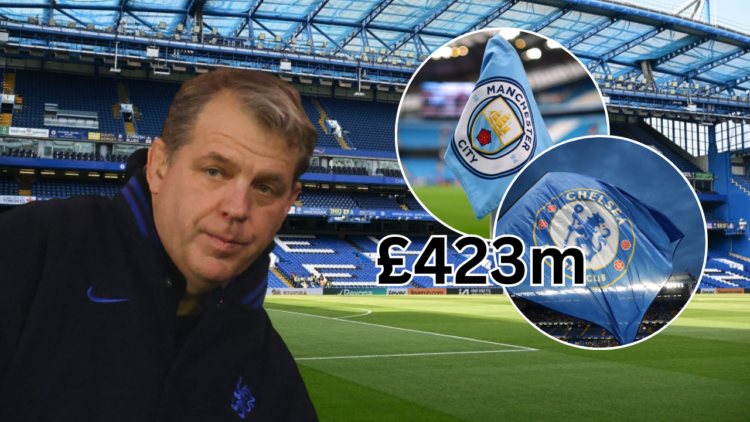 Todd Boehly alongside the badges of Chelsea and Manchester City at Stamford Bridge