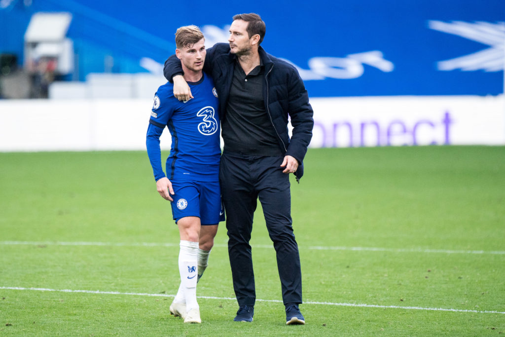 Timo Werner and manager Frank Lampard of Chelsea reacts during the Premier League match between Chelsea and Crystal Palace at Stamford Bridge on Oc...