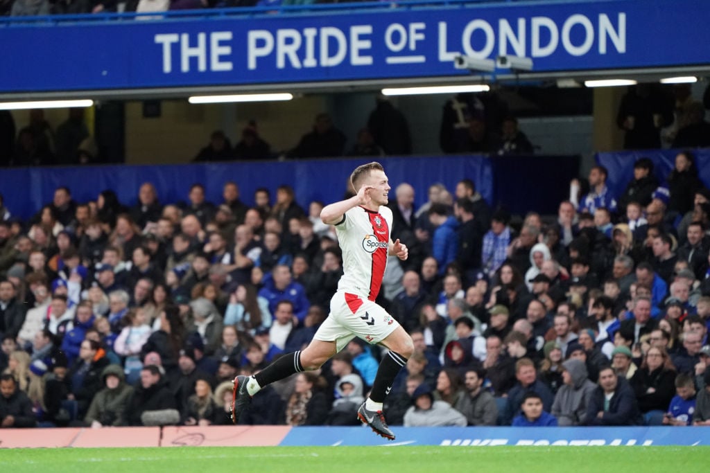 Southampton's James Ward-Prowse celebrates scoring his side's first goal  during the Premier League match between Chelsea FC and Southampton FC at ...