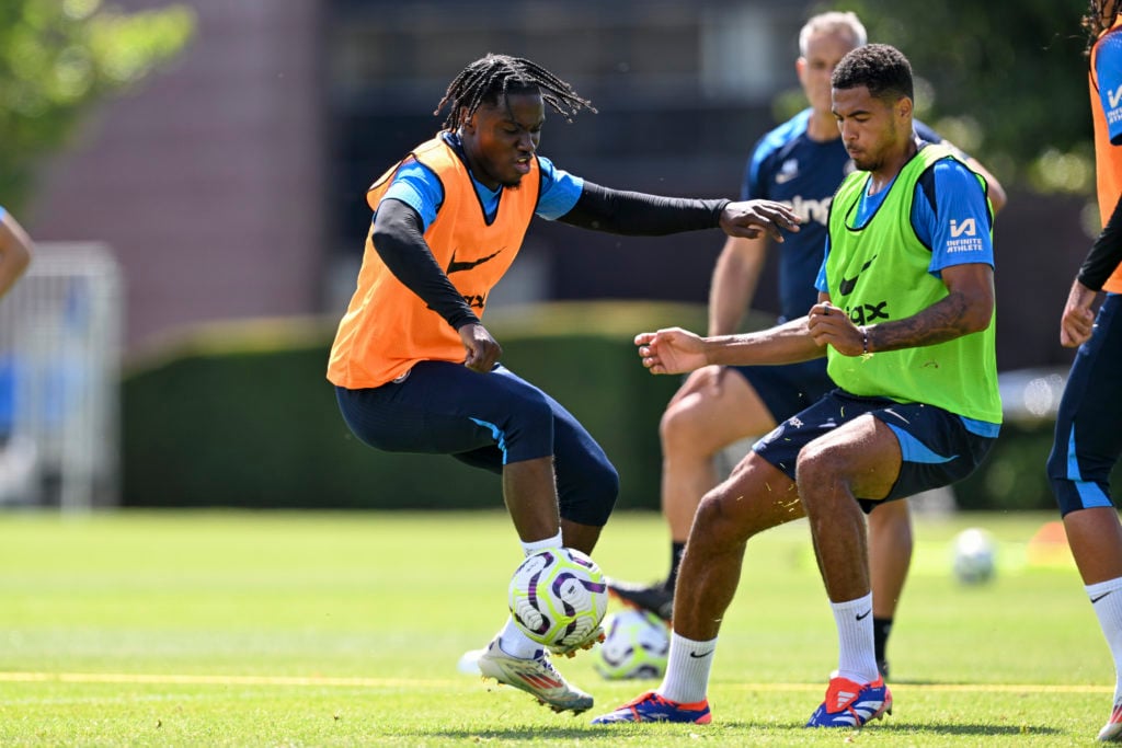 Romeo Lavia and Levi Colwill of Chelsea during a training session at Chelsea Training Ground on August 16, 2024 in Cobham, England.