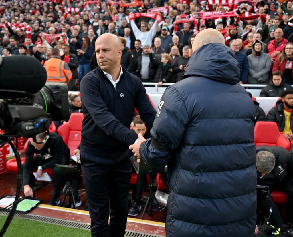 (THE SUN OUT, THE SUN ON SUNDAY OUT) Arne Slot head coach of Liverpool shaking hans with Enzo Maresca manager of Chelsea during the Premier League ...
