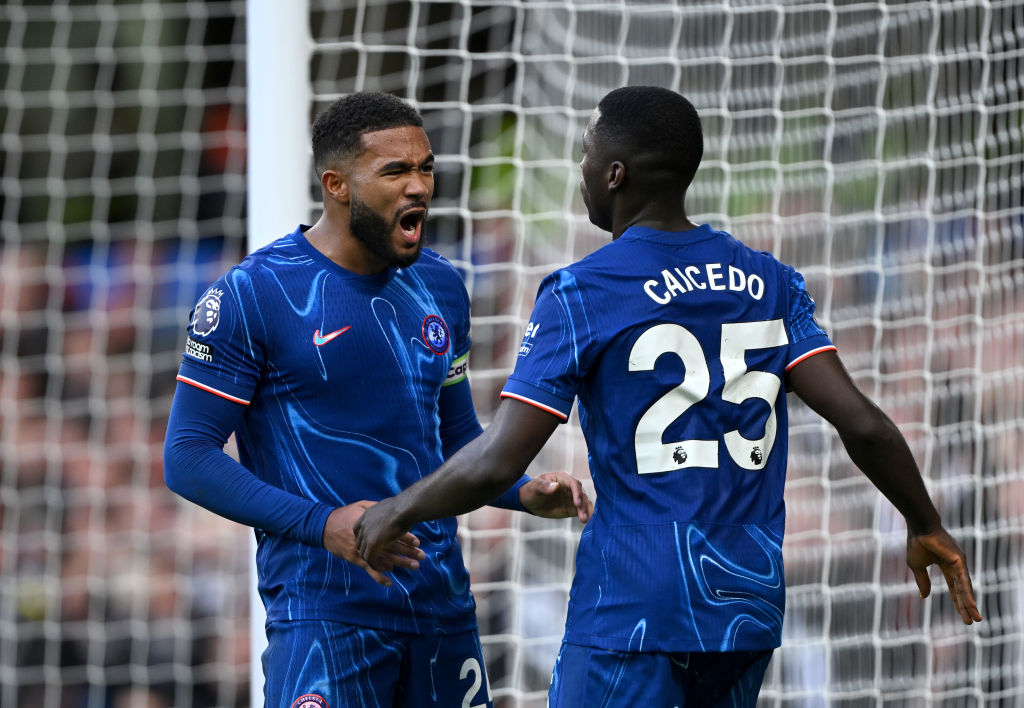 Chelsea teammates Reece James and Moises Caicedo celebrating during the Premier League match against Newcastle United.