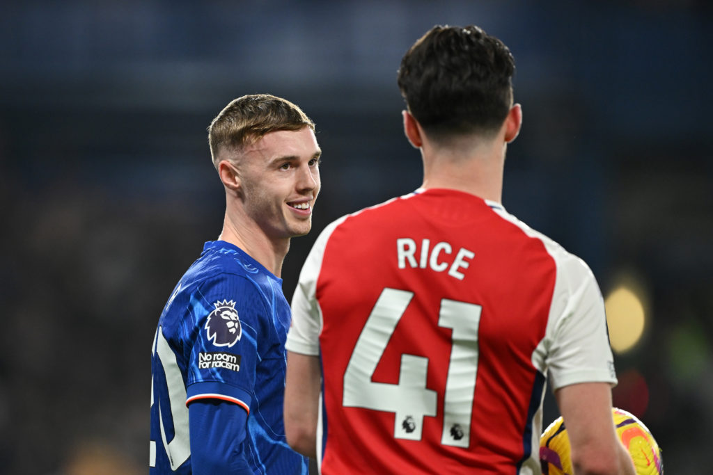Cole Palmer of Chelsea reacts with Declan Rice of Arsenal during the Premier League match between Chelsea FC and Arsenal FC at Stamford Bridge on N...