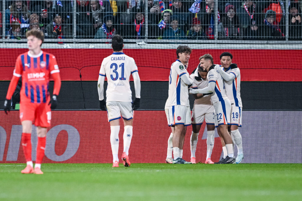 Christopher Nkunku of Chelsea FC celebrates after scoring his team's first goal with teammates during the UEFA Conference League 2024/25 League Pha...