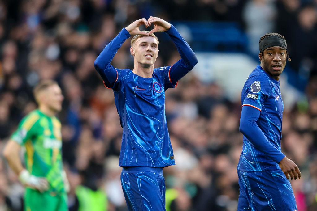 Cole Palmer of Chelsea celebrates after scoring to make it 3-0 during the Premier League match between Chelsea FC and Aston Villa FC at Stamford Br...