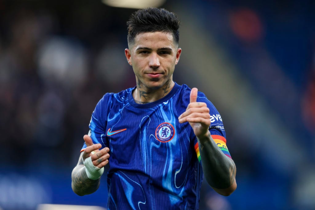 Enzo Fernández of Chelsea after his sides 3-0 win during the Premier League match between Chelsea FC and Aston Villa FC at Stamford Bridge on Decem...