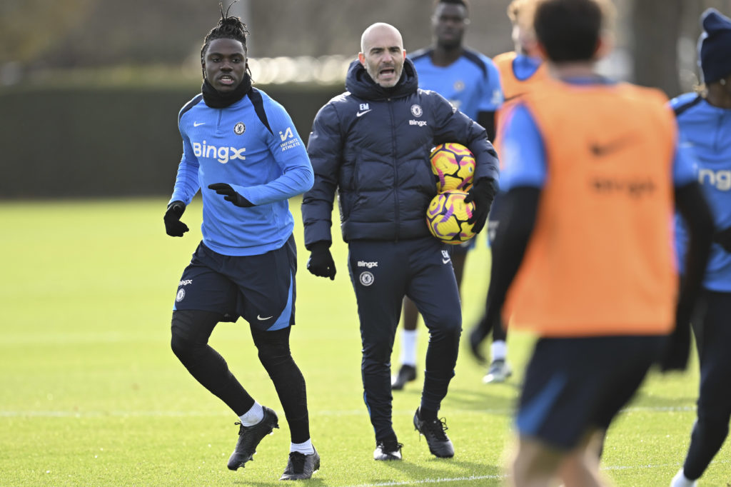 Romeo Lavia and Enzo Maresca during Chelsea training session