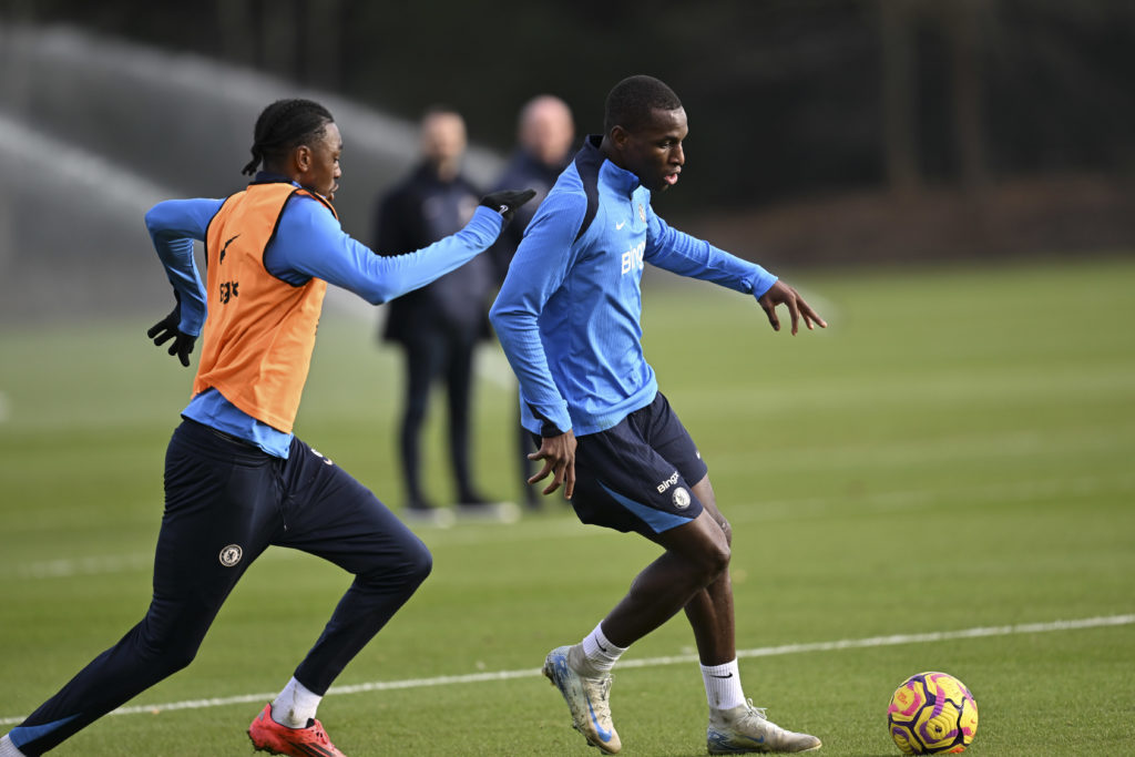Nicolas Jackson of Chelsea during a training session at Chelsea Training Ground on December 6, 2024 in Cobham, England.