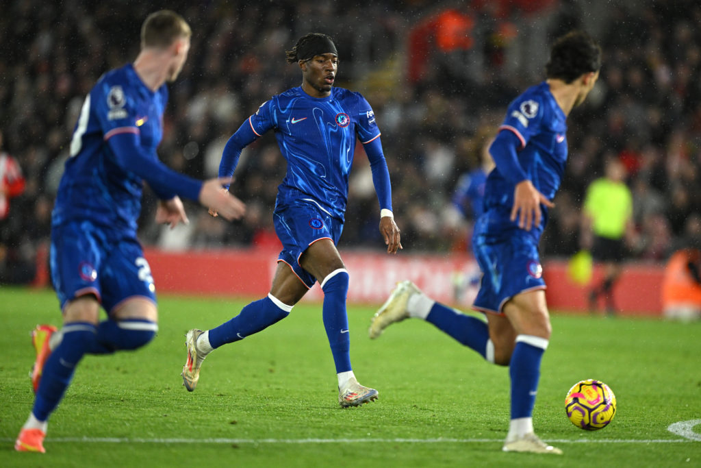 Noni Madueke of Chelsea attacks with support from Cole Palmer and Joao Felix during the Premier League match between Southampton FC and Chelsea FC ...