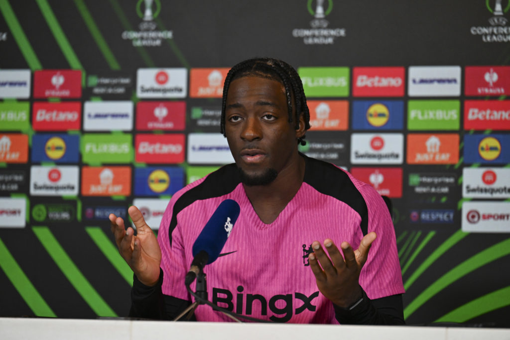 Axel Disasi of Chelsea during the UEFA Conference League 2024/25 League Phase MD5 press conference at the Cobham Training Ground on December 11, 20...