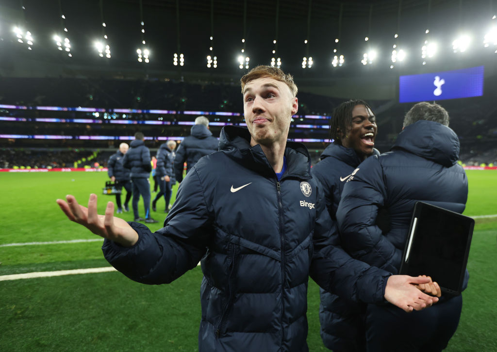 Cole Palmer of Chelsea celebrates following the team's victory in the Premier League match between Tottenham Hotspur FC and Chelsea FC at Tottenham...