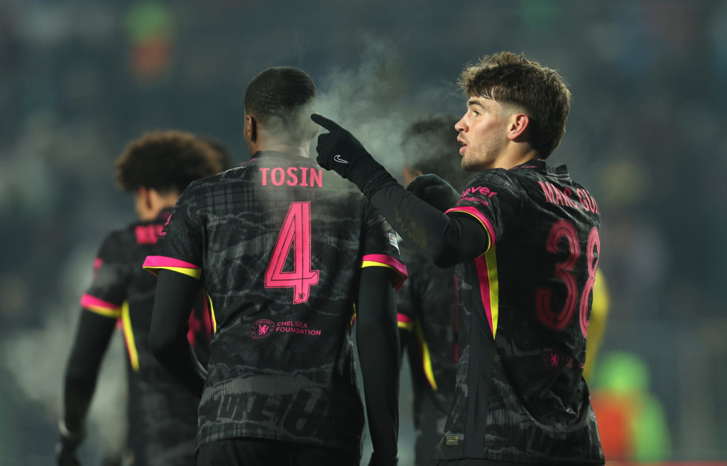 Marc Guiu of Chelsea celebrates scoring his team's second goal with teammate Tosin Adarabioyo during the UEFA Conference League 2024/25 League Phas...