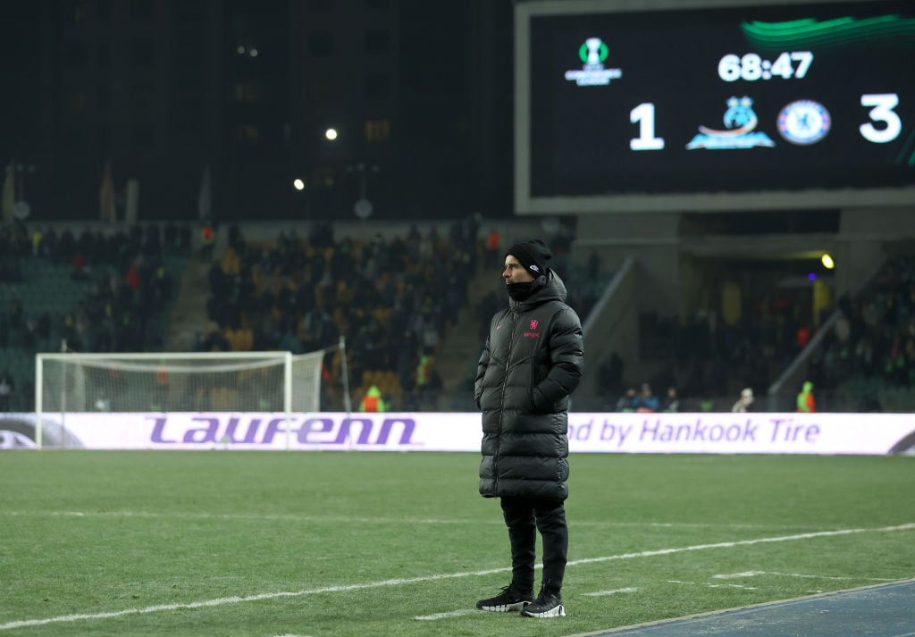 Enzo Maresca, Manager of Chelsea, looks on during the UEFA Conference League 2024/25 League Phase MD5 match between FC Astana and Chelsea FC at Alm...