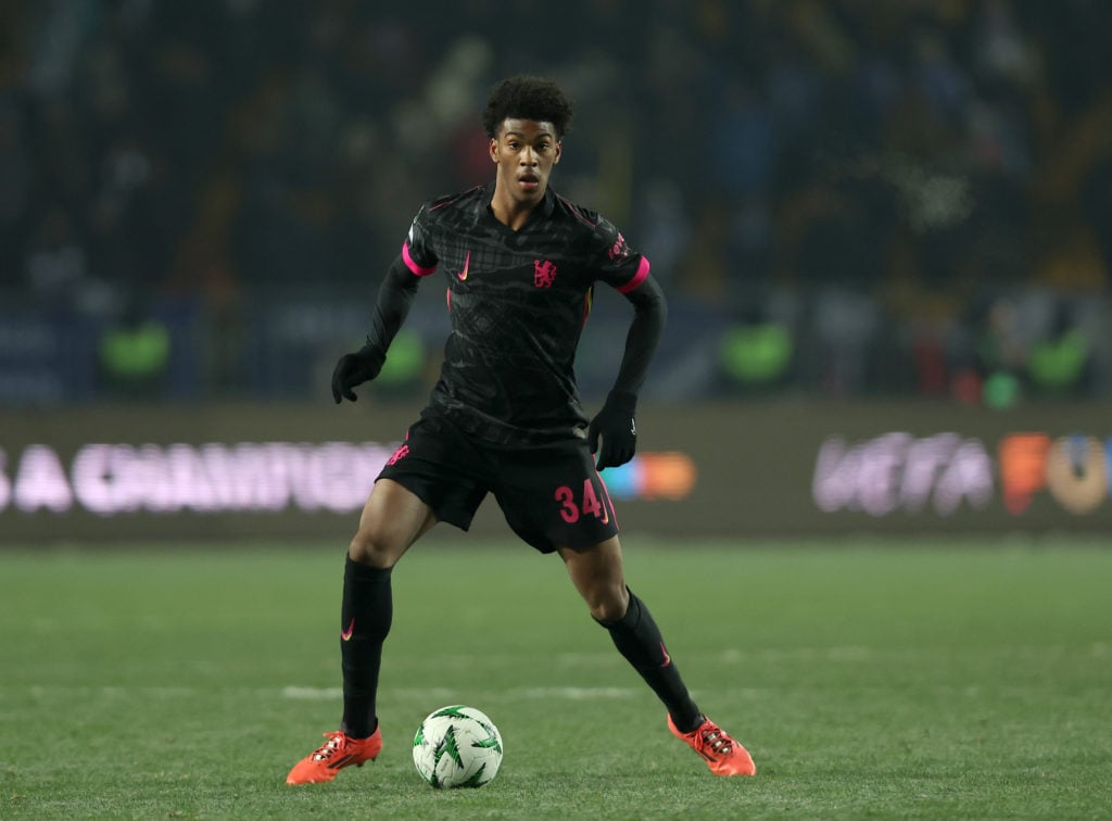 Josh-Kofi Acheampong of Chelsea runs with the ball during the UEFA Conference League 2024/25 League Phase MD5 match between FC Astana and Chelsea F...