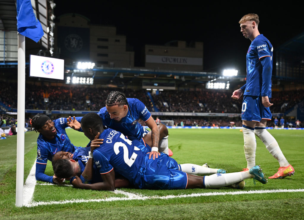 Nicolas Jackson of Chelsea celebrates scoring his team's second goal with teammates Moises Caicedo, Malo Gusto and Cole Palmer during the Premier L...