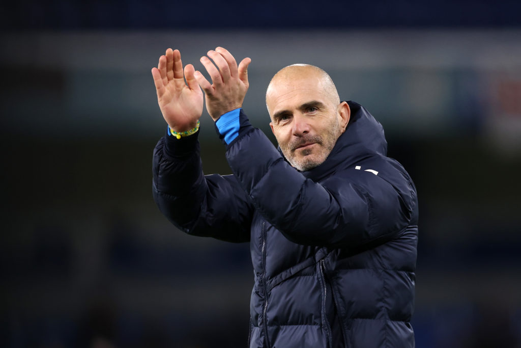 Enzo Maresca, Manager of Chelsea, celebrates after the team's victory during the Premier League match between Chelsea FC and Brentford FC at Stamfo...