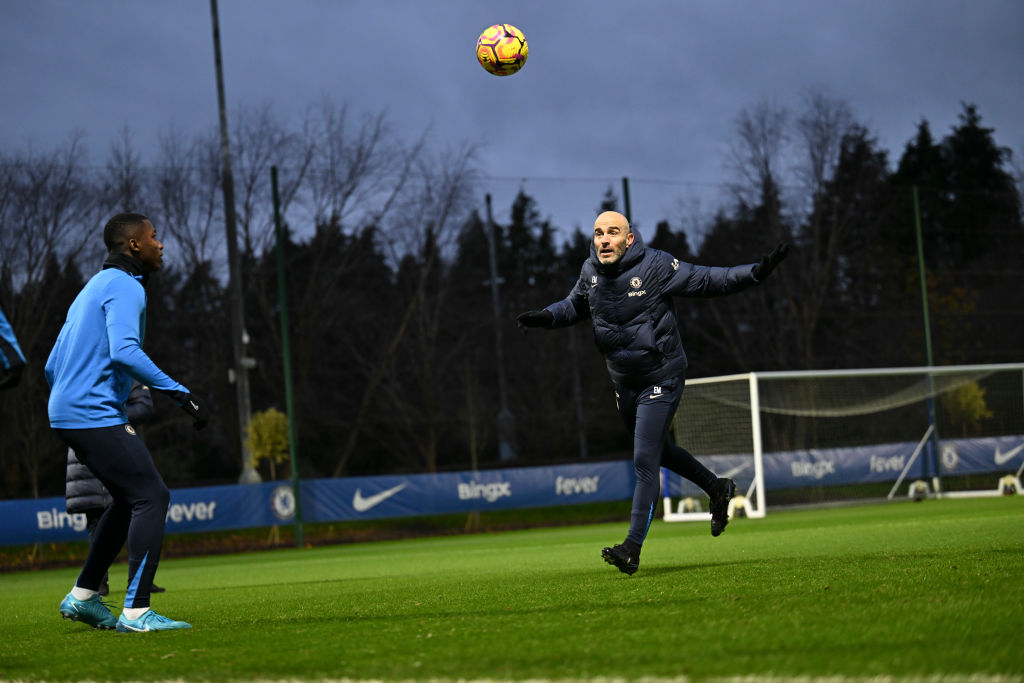 Head Coach Enzo Maresca of Chelsea during a training session at Chelsea Training Ground on December 20, 2024 in Cobham, England.
