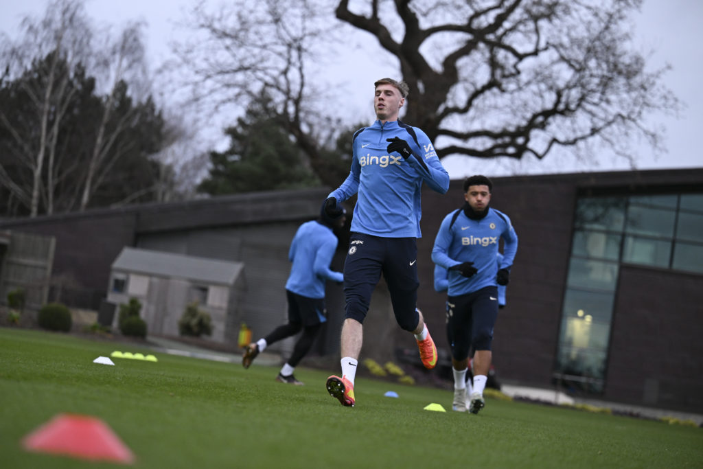 Cole Palmer of Chelsea during a training session at Chelsea Training Ground on December 20, 2024 in Cobham, England.