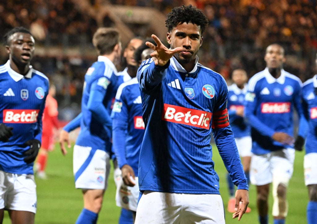 Stasbourg's Brazilian midfielder #08 Andrey Dos Santos celebrates after scoring his team's first goal during the French Cup round 64 football match...