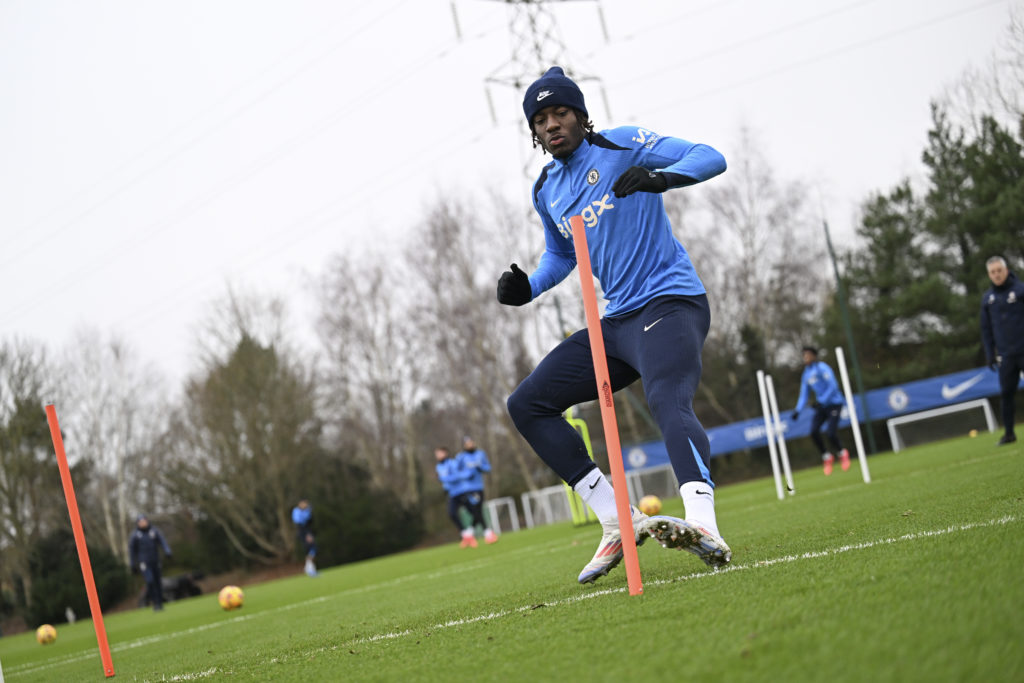 Noni Madueke of Chelsea during a training session at Chelsea Training Ground on December 24, 2024 in Cobham, England.