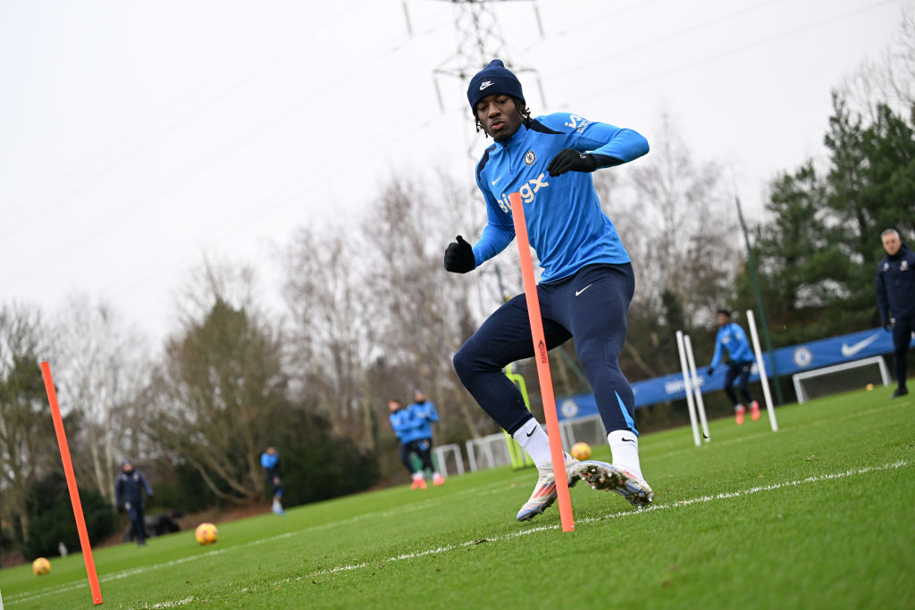 Noni Madueke of Chelsea during a training session at Chelsea Training Ground on December 24, 2024 in Cobham, England.