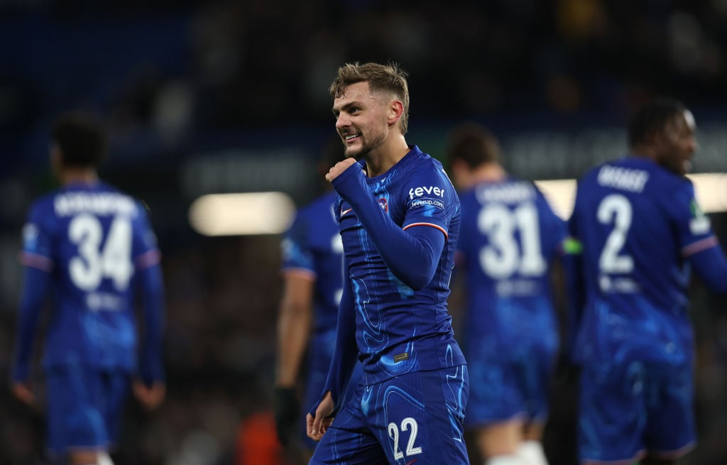 Kiernan Dewsbury-Hall of Chelsea celebrates scoring his team's third goal during the UEFA Conference League 2024/25 League Phase MD6 match between ...