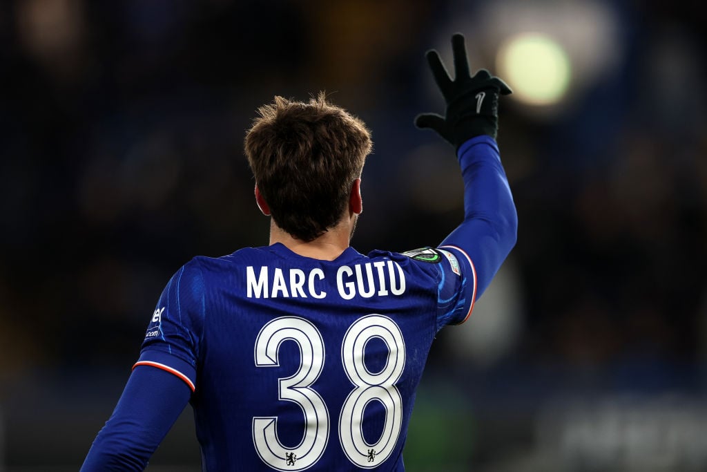 Marc Guiu of Chelsea celebrates scoring his team's fourth goal and completing his hat-trick during the UEFA Conference League 2024/25 League Phase ...