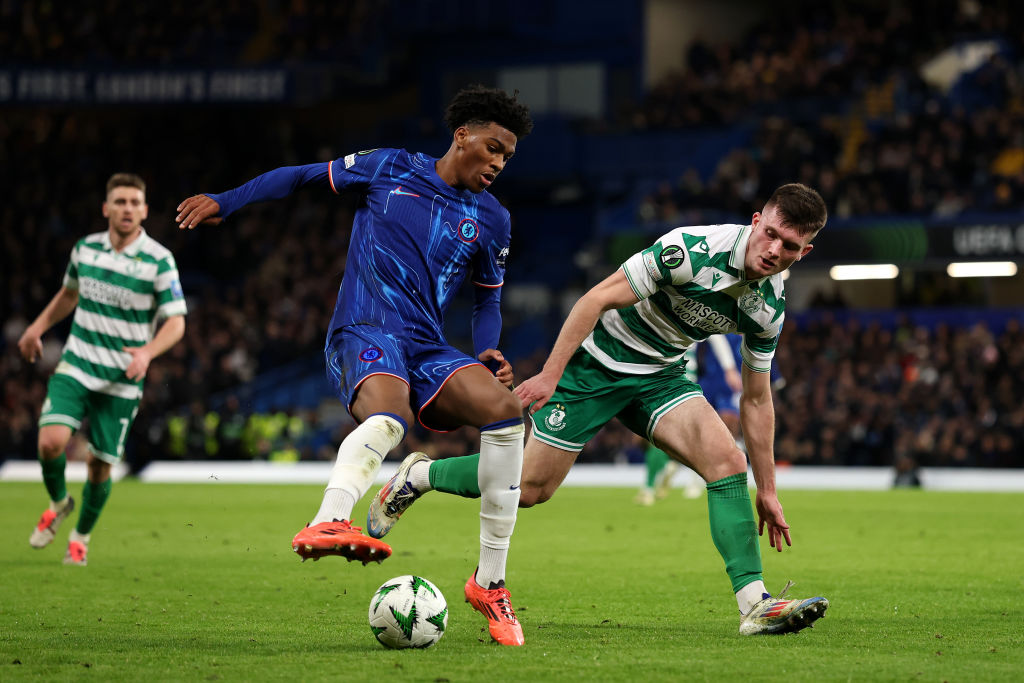 Josh-Kofi Acheampong of Chelsea in action during the UEFA Conference League 2024/25 League Phase MD6 match between Chelsea FC and Shamrock Rovers F...